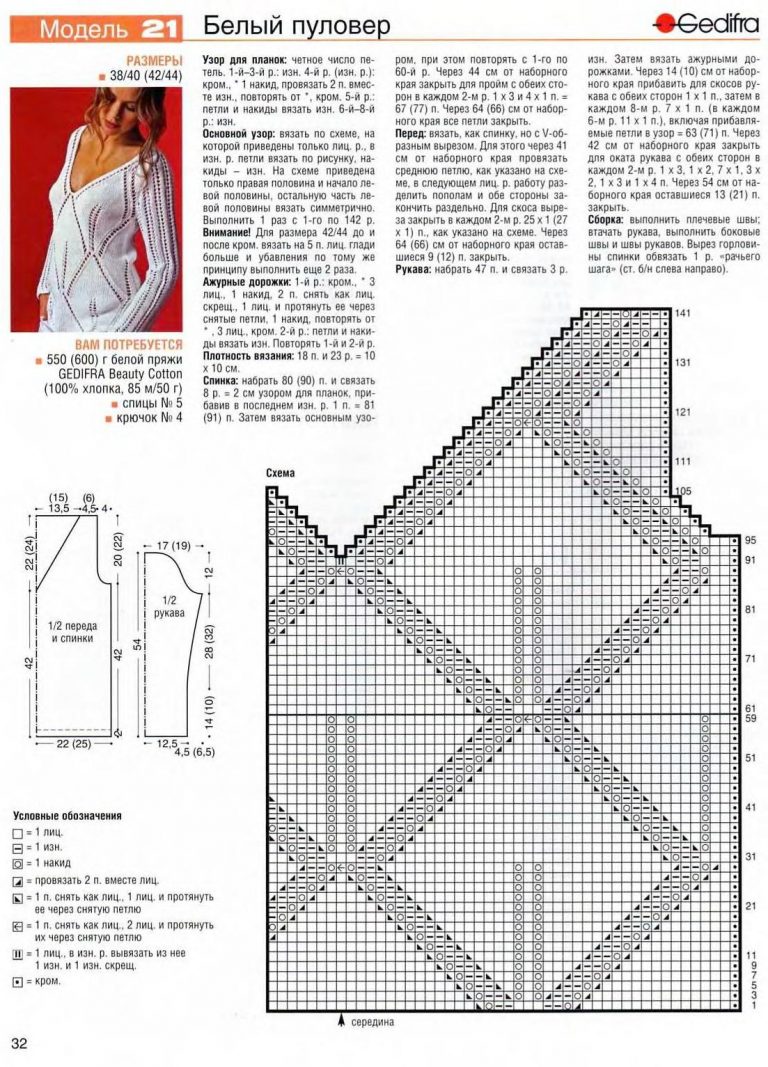 Белый пуловер женский спицами схемы с описанием